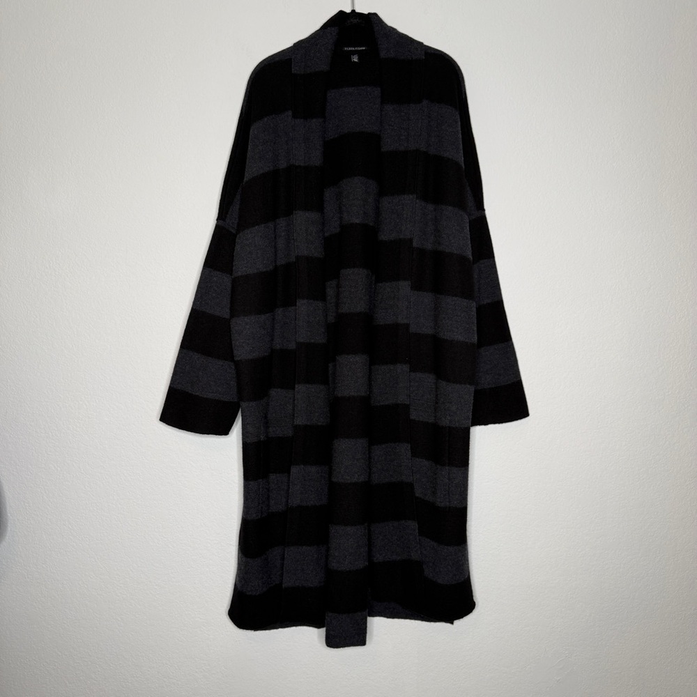 Eileen Fisher Merino Wool Striped Cardigan Black Gray Open Front Oversized L